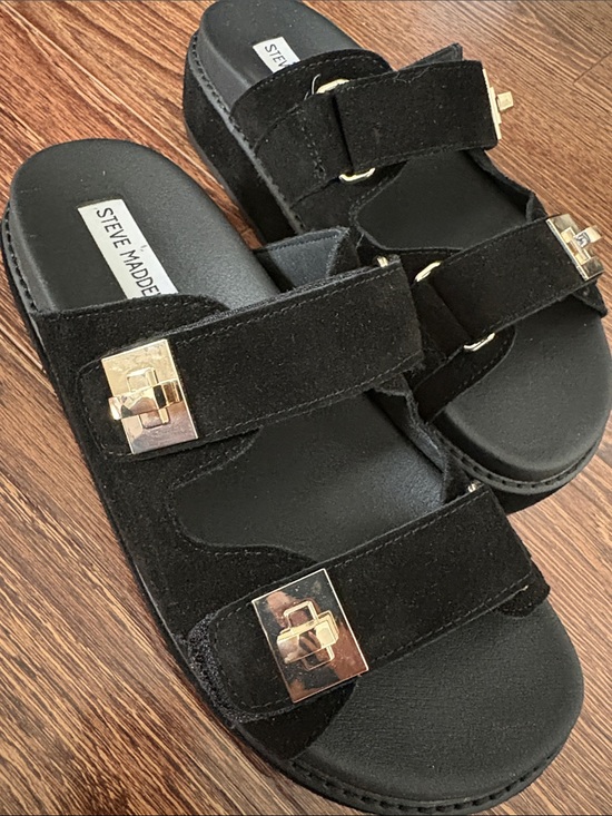 Steve Madden Shoes - Steve Madden Black Suede Double Strap Slide Sandals with Gold Buckles